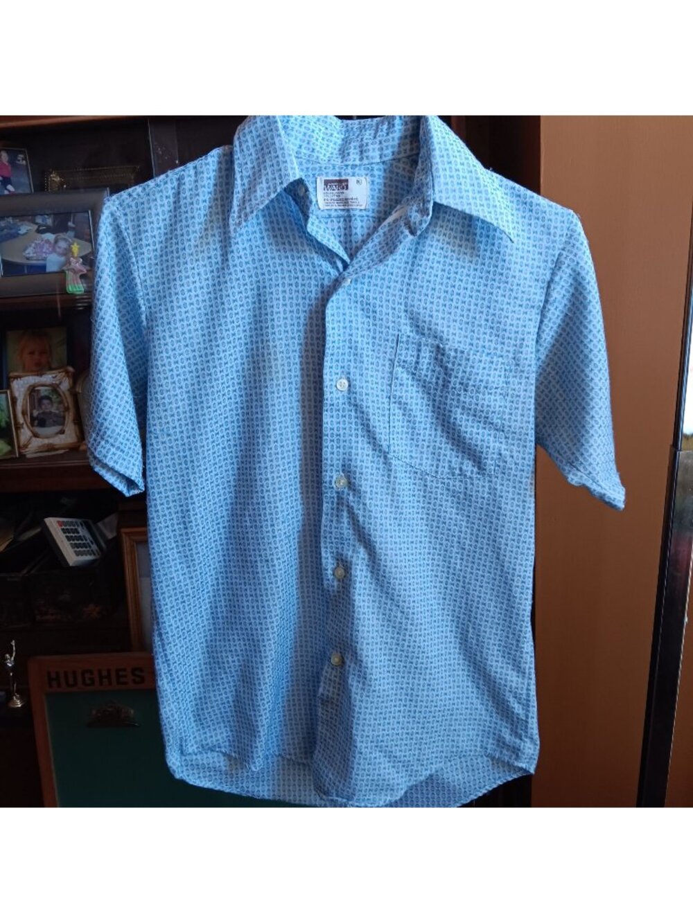 Vintage 1970's Indy Mod Shirt Small Montgomery Ward Boys 16 Blue Woven Print